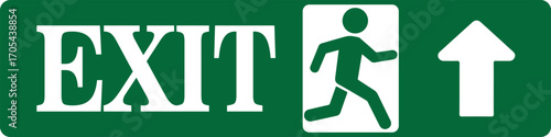 Green and white emergency exit sign with text, a running person pictogram, and an upward arrow indicating the way out.
