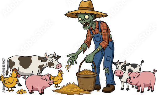 Funny cartoon zombie farmer feeding livestock on a farm, humorous Halloween vector with animals, perfect for spooky agricultural or horror-themed designsFunny cartoon zombie farmer feeding 