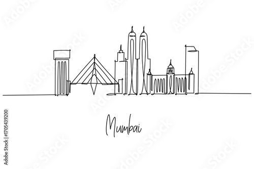 Mumbai city skyline illustrated as a single line drawing, a city skyline concept with Maharashtra theme showcasing Bandra Worli Sea Link, Gateway of India and towers traced in streamlined outlines.