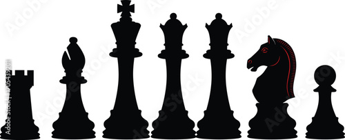 Silhouette of classic black chess pieces, isolated on white background, perfect for strategy, board game, competition, and educational concepts.