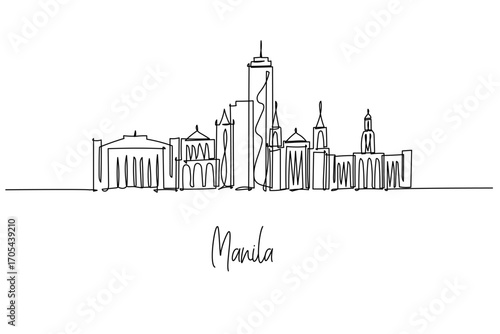 Manila city skyline rendered as a one line drawing, a city skyline concept with Intramuros, Rizal Monument and Manila City Hall shaping a Philippines capital theme in clean minimal outlines.