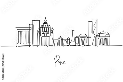 Pune city skyline created as a single line drawing, a city skyline concept with Maharashtra theme featuring Shaniwar Wada, Aga Khan Palace and Sinhagad Fort composed in elegant minimal outlines.
