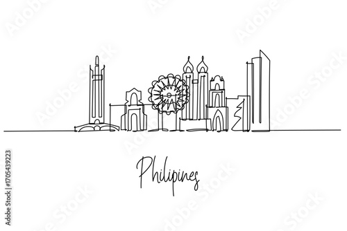 Philippines skyline created as a continuous line drawing, a city skyline concept featuring Manila Bay theme with Rizal Monument, MOA Eye and historic churches sketched in minimal architecture lines.
