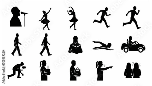 Black Silhouette People Action Icon Set – Singing, Dancing, Running, Walking, Reading, Swimming, Driving, Holding, Blaming, Writing