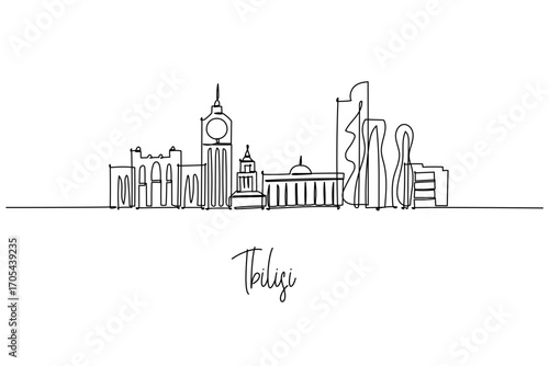 Tbilisi city skyline depicted as a one line drawing, a city skyline concept with capital theme including Holy Trinity Cathedral, Freedom Square and glass towers expressed in clean linear contours.