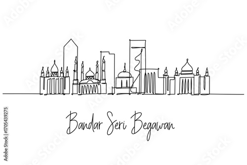 Bandar Seri Begawan skyline as a one line drawing, a city skyline concept highlighting Brunei theme with Sultan Omar Ali Saifuddien Mosque and government buildings outlined in clean minimal style.