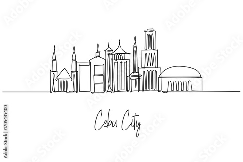 Cebu City skyline rendered as a single line drawing, a city skyline concept with Visayas theme highlighting Basilica del Santo Nino, Magellan Cross and towers arranged in simple clean outlines.