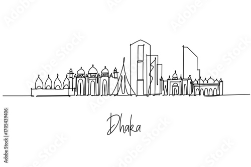 Dhaka city skyline illustrated as a continuous line drawing, a concept celebrating Bangladesh capital theme 