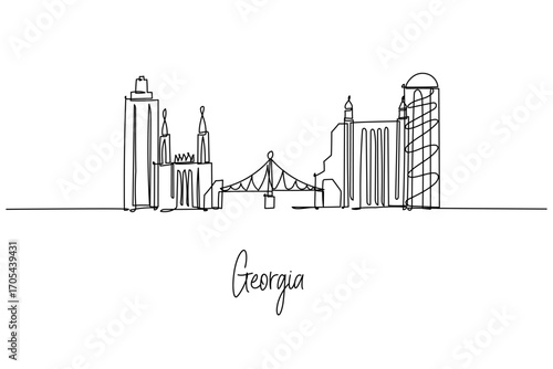 Georgia country skyline presented as a continuous line drawing, a city skyline concept with national theme mixing Bridge of Peace, monasteries and modern towers arranged as clean minimal silhouettes.
