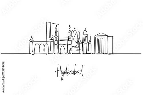 Hyderabad city skyline shown as a one line drawing, a city skyline concept with Telangana theme featuring Charminar, Golconda Fort, Hussain Sagar Buddha and Chowmahalla Palace in clean minimal lines.