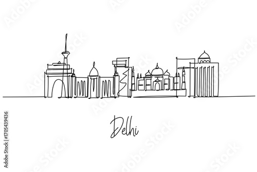 Delhi city skyline presented as a one line drawing, a city skyline concept with capital theme highlighting India Gate, Red Fort, Jama Masjid and Qutub Minar arranged into clean linear silhouettes.