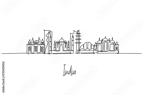 India country skyline created as a continuous line drawing, a city skyline concept with country theme blending Taj Mahal, Qutub Minar, Lotus Temple and palaces arranged as silhouettes in minimal form.