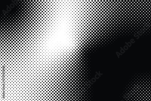 Black and white halftone background features a smooth gradient, transitioning from a dense concentration of dots to a lighter shade in a diagonal pattern.