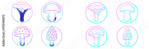 Assortment of stylized mushroom icons with vibrant gradient outlines and modern minimalist design for nature themes