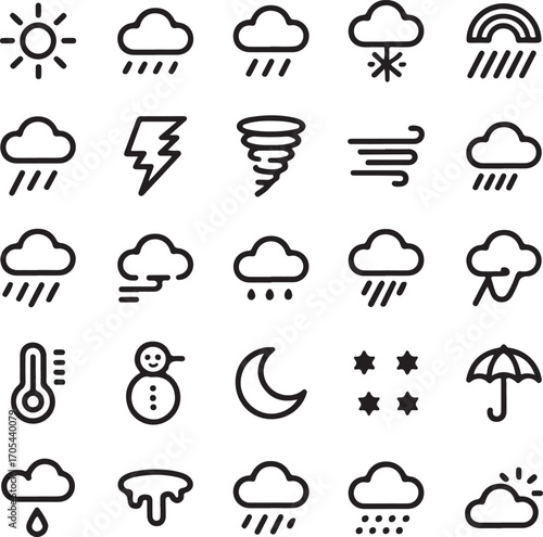 Collection of weather icons in black outline style