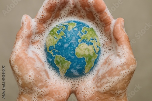Hands cradling earth with soap bubbles for global awareness
