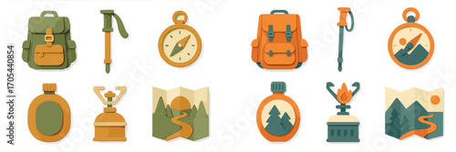 Essential outdoor adventure and camping equipment icons featuring backpack, compass, map, trekking pole, and stove