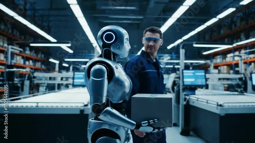 A humanoid robot and a human warehouse worker collaborate with the man giving directions while the robot carries a package symbolizing the future of logistics and automation.