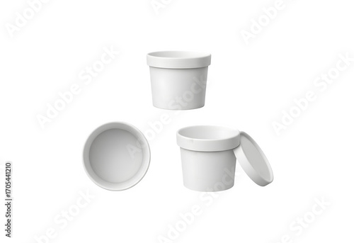 Ice cream containers. A realistic blank white mockup of an ice cream paper food container shown from various angles. This is a vector illustration of an empty 3D template for showcasing packaging.