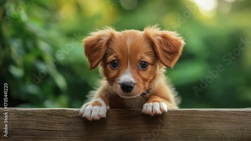 Adorable puppy with a curious expression peeking over a wooden fence against a blurred background
