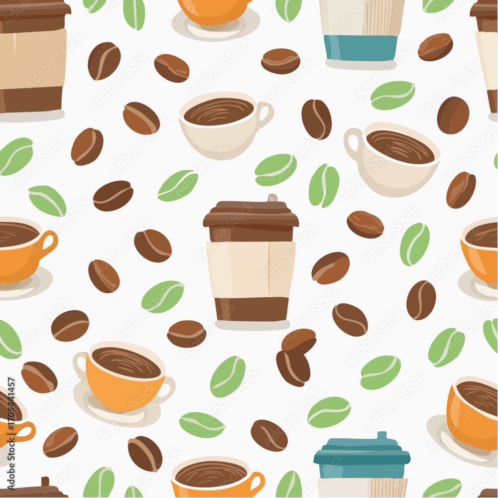 Obraz premium Seamless pattern with coffee beans and cups, a vector illustration of a hot cafe beverage for a morning restaurant breakfast design