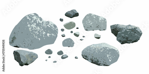 Collection of various sized gray and green natural stones and pebbles scattered on a white background