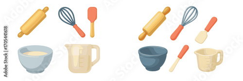 Essential baking tools and kitchen utensils for cooking and pastry preparation including rolling pin whisk spatula and measuring cup