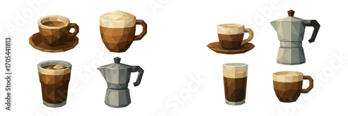 Geometric low poly collection of coffee cups, mugs, glasses, and moka pots with various coffee drinks and espresso