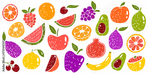 Vibrant collection of hand drawn fruits and citrus slices on white background