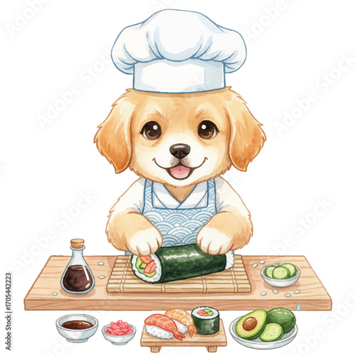 Cute dog making sushi vector illustration. Cartoon dog wearing a chef hat and apron prepares sushi on a wooden board. The character is surrounded by ingredients and a soy sauce bottle.