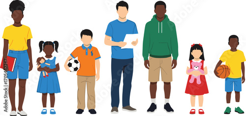 Diverse group of adults and children standing together holding toys, books, and sports gear in casual outfits, community unity concept illustration