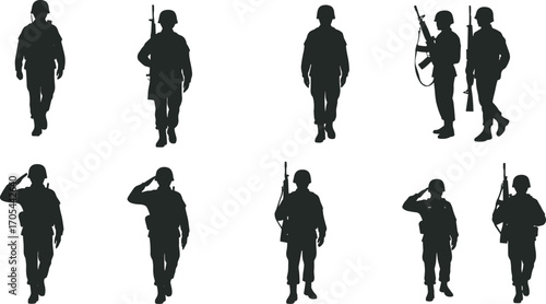 Silhouette vector of armed soldiers in combat and ceremonial poses, military teamwork, rifle stances, war hero tribute illustration