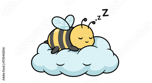 A charming cartoon bee peacefully slumbers on a soft, fluffy cloud, embodying tranquility and sweet dreams in a whimsical illustration.