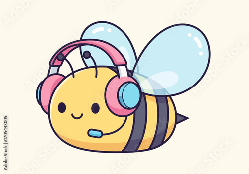 A charming cartoon bee, adorned with stylish pink headphones and a microphone, smiles sweetly, ready to offer friendly customer support or enjoy some delightful music.