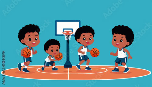 Kids Playing Basketball Vector Illustration