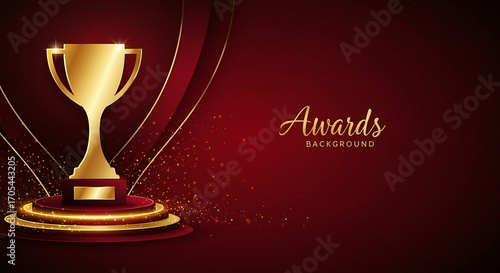 Golden trophy on a red background with sparkles and awards text