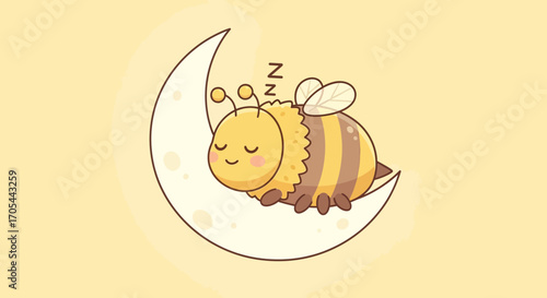A charming illustration depicts a sweet, fluffy bumblebee peacefully slumbering on a delicate crescent moon against a soft, dreamy yellow backdrop.