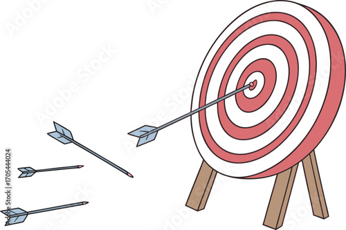 Achieving business success requires aiming for the center target with a precise arrow to hit the bullseye of your goal through excellent accuracy and fierce competition