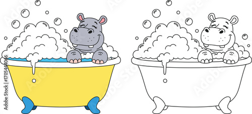  Cute cartoon hippo taking a bubble bath in bathtub