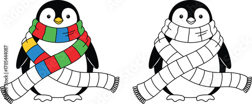  Cute cartoon penguin with colorful winter scarf and outline version