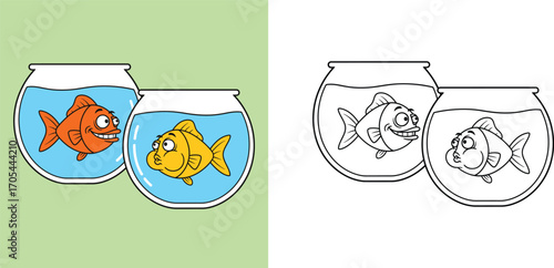 Funny cartoon goldfish in fishbowls