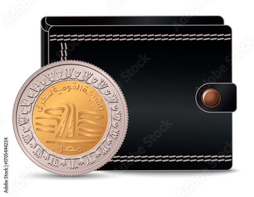 Egyptian money with a wallet in the background. Egypt's coin 1 pound 2019 National Road Network. A 1 pound coin next to the wallet.