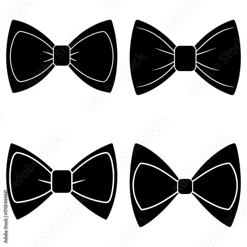 Collection of four black bow ties with varying designs arranged in a square pattern on a white background