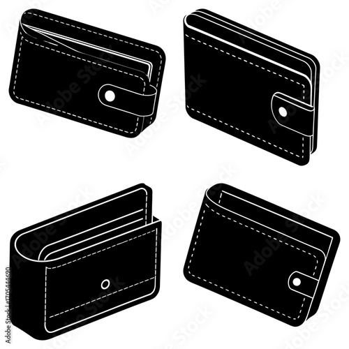 Four isometric black leather wallets with visible stitching and button closures in various orientations