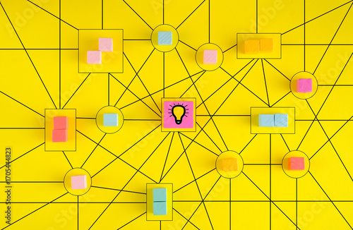 Business concept networking with members connected to each other. Communication, teamwork, innovation,new ideas.. Abstract concept with wooden pieces on yellow background.