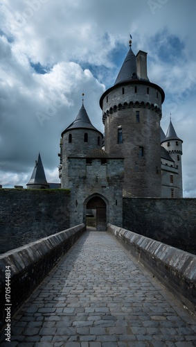 Dramatic view of st donats castle in wales, showcasing its medieval architecture, stone walls, and towers under a cloudy sky, evoking a sense of history