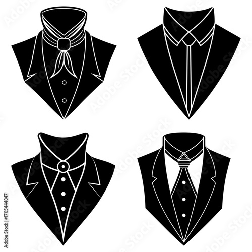 Four black and white illustrations of suit jackets with different neckwear arrangements displayed
