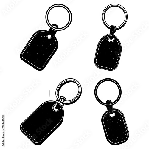 Illustration of four black keychains with tags and rings in varying orientations on white background