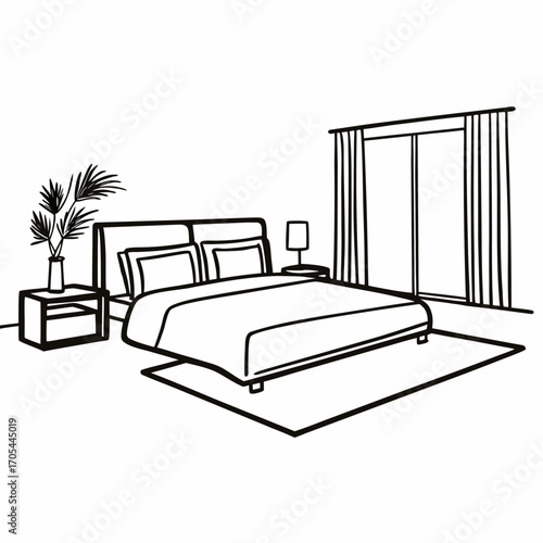 Minimal line art illustration of modern bedroom interior with bed and window
