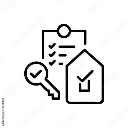Minimal line art icon of real estate contract with house and key
